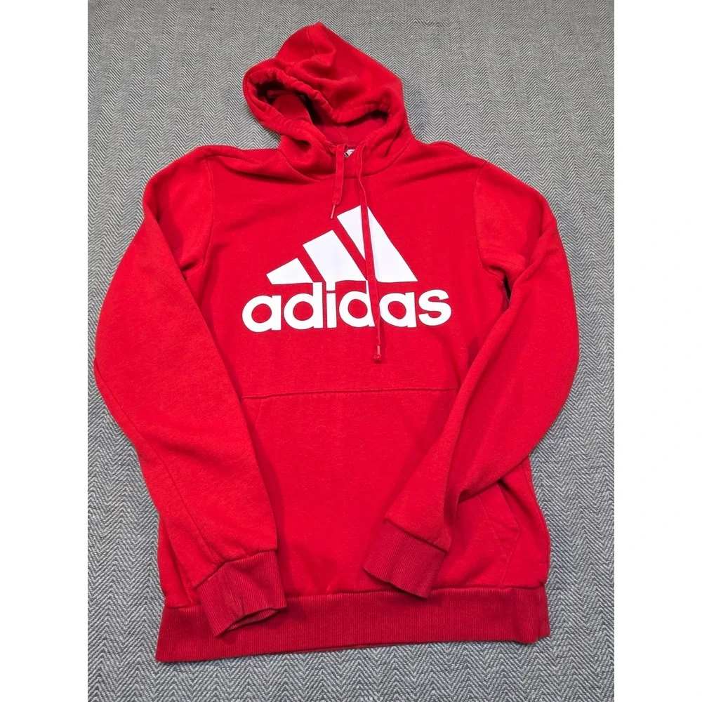 Adidas Mens Hoodie Red White Graphic Logo Fleece Pullover Sweatshirt Small